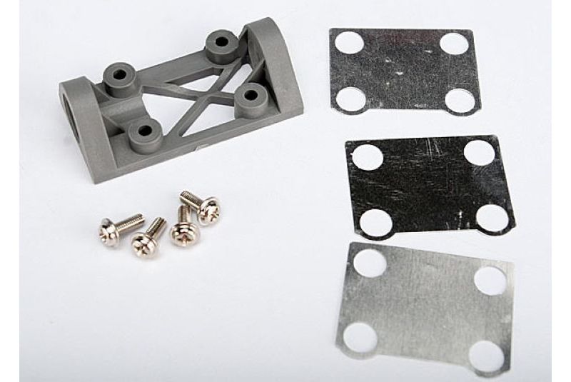 Bearing block, front (supports front shaft) (grey) / belt tension adjustment shims (front / middle)