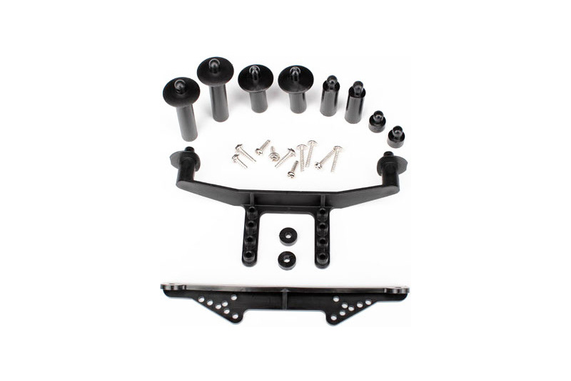 Body mount, front & rear (black)/ body posts, 52mm (2), 38mm (2), 25mm (2), 6.5mm (2)/ body post